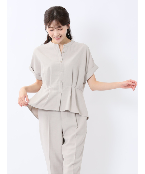 麻調合繊 バンドカラー 半袖ブラウス（セットアップ可能）